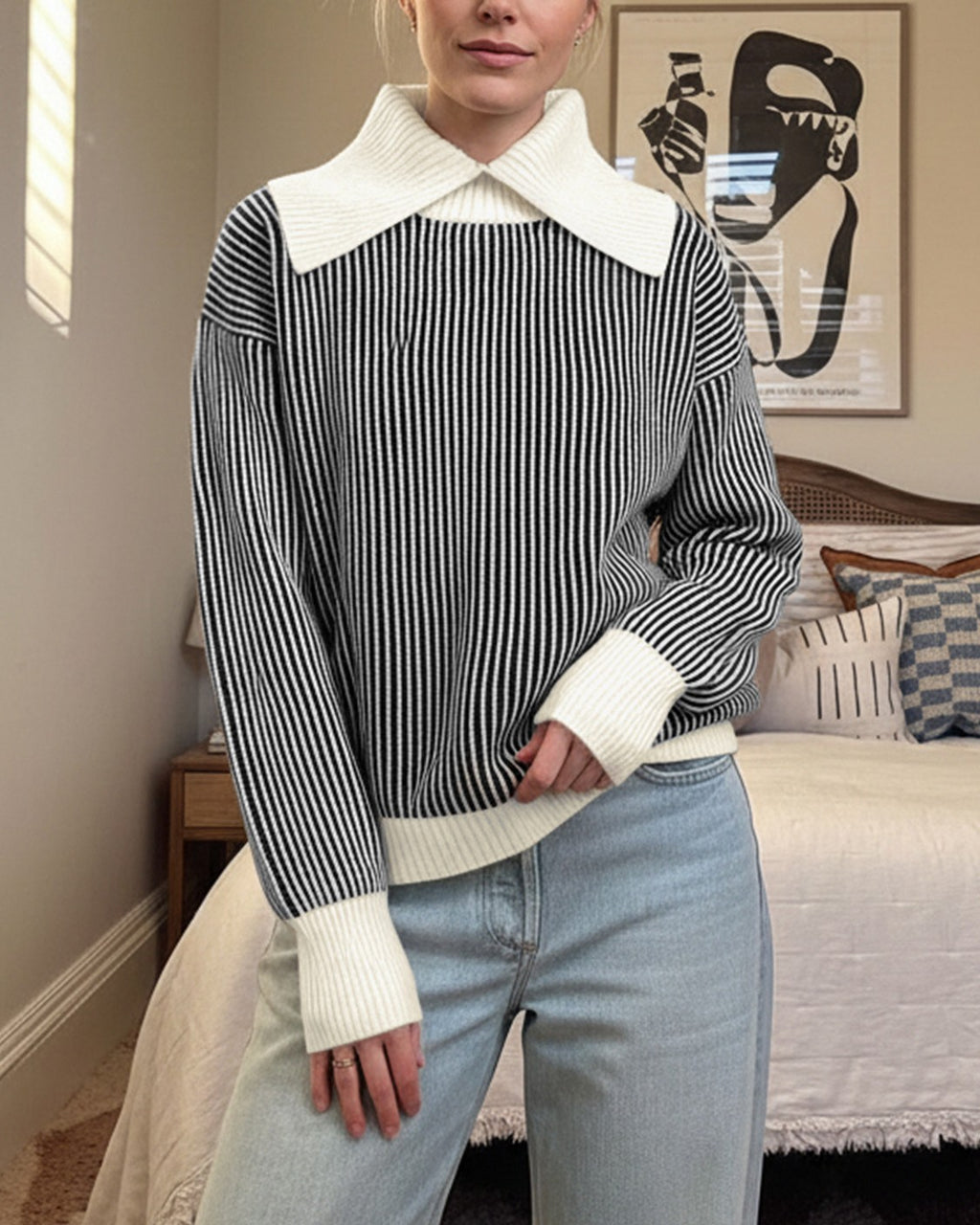 Pinstripe Contrast Collar Pullover Sweater - Black - 1
