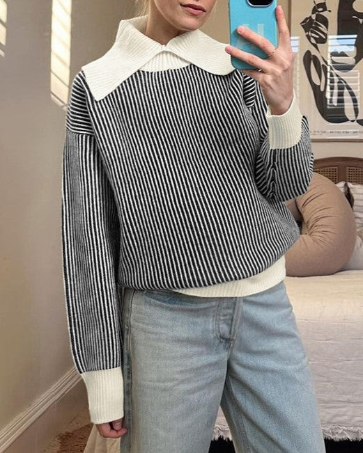 Pinstripe Contrast Collar Pullover Sweater - Black - 2