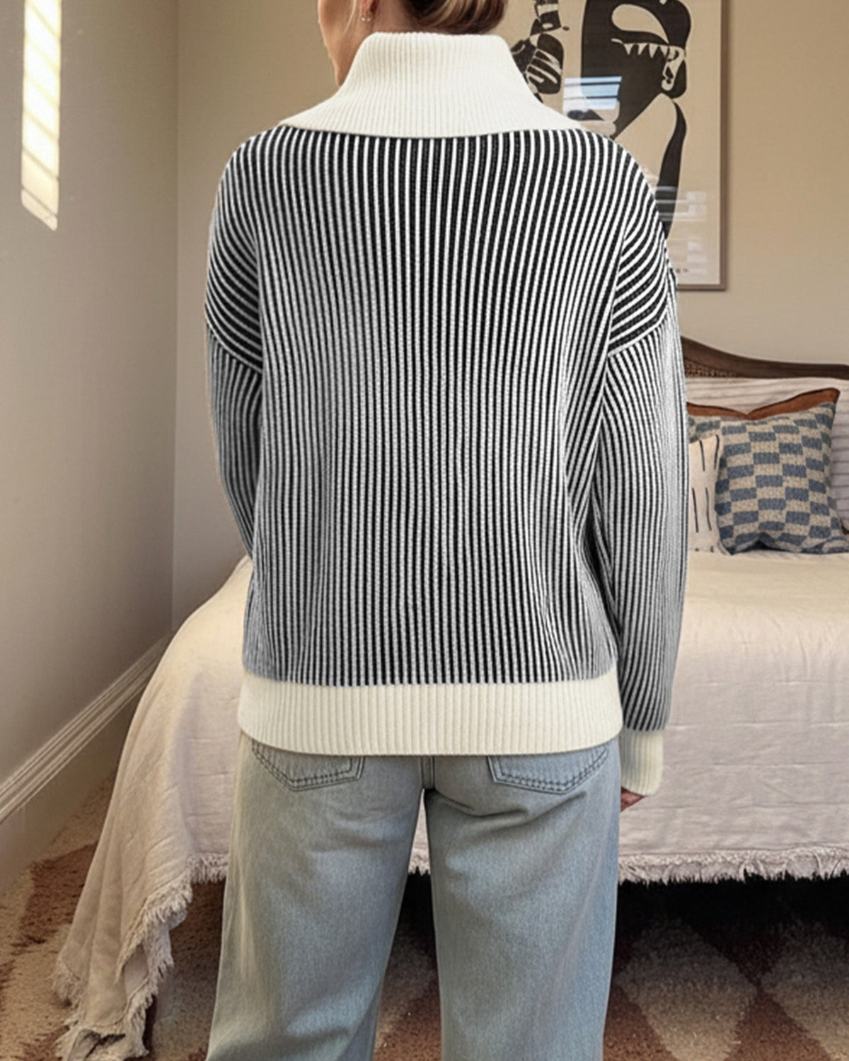 Pinstripe Contrast Collar Pullover Sweater - Black - 3