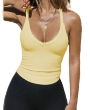 Ribbed V Neck Racerback Yoga Tank Top - Lemon Yellow