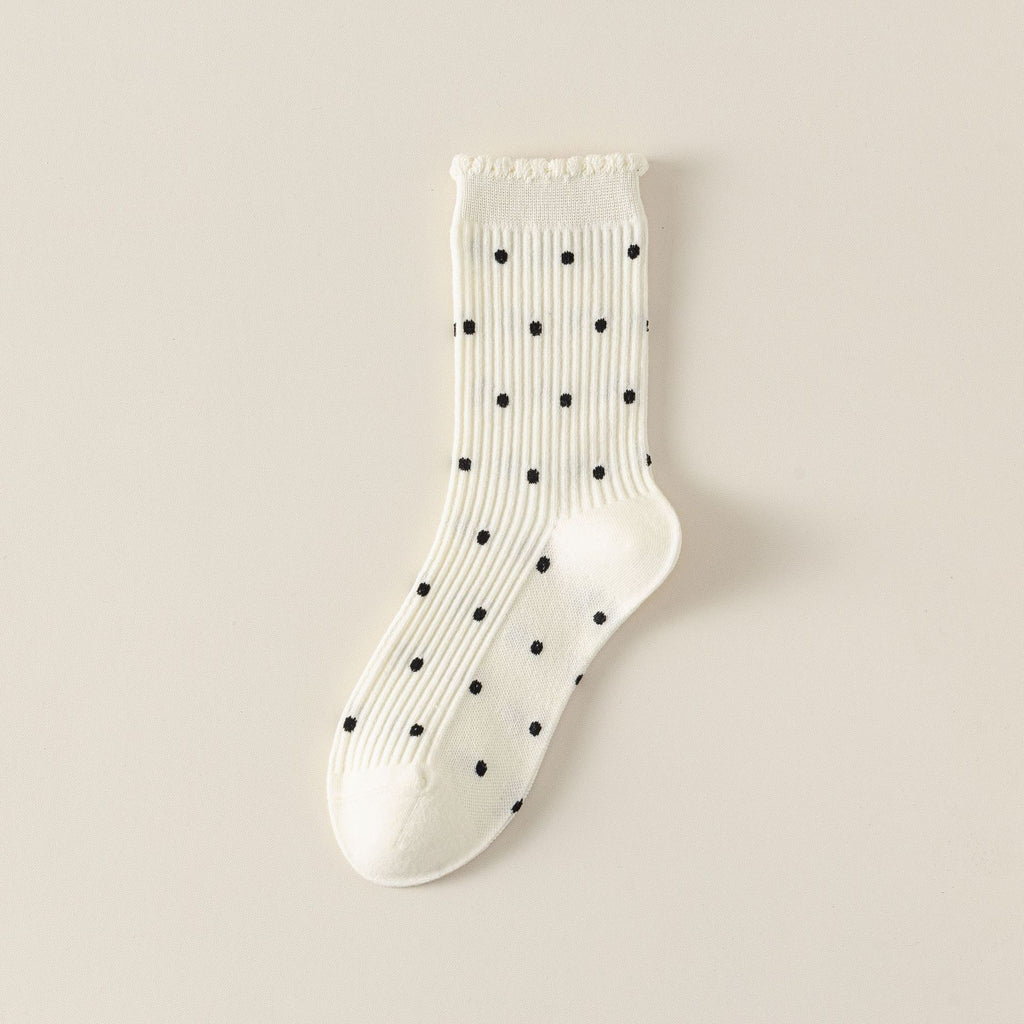 Semi Sheer Dotted Ribbed Crew Socks - Beige