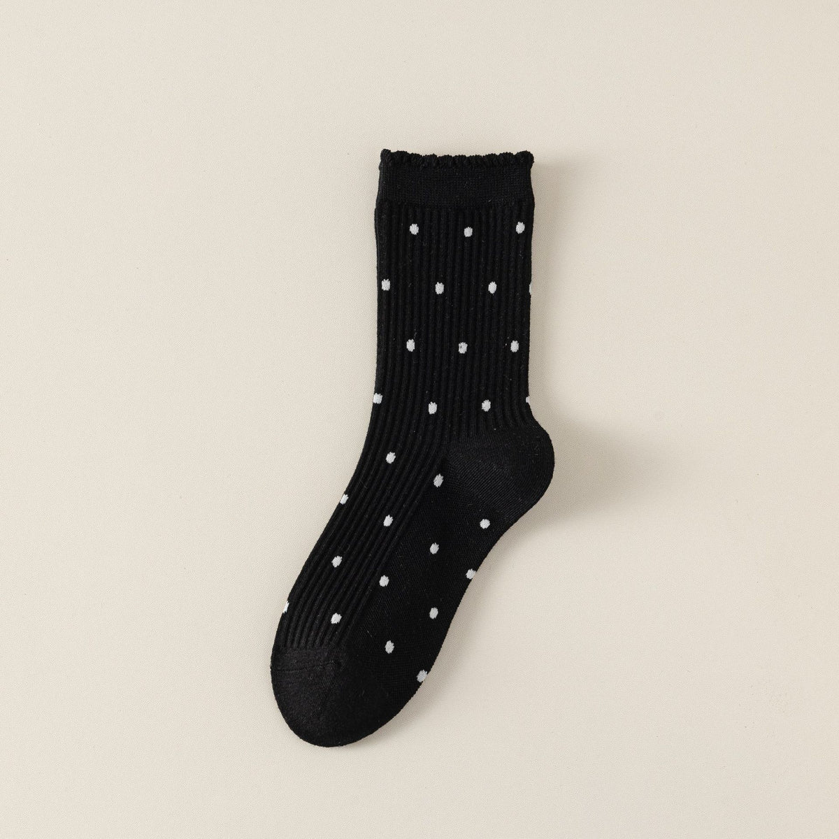 Semi Sheer Dotted Ribbed Crew Socks - Black