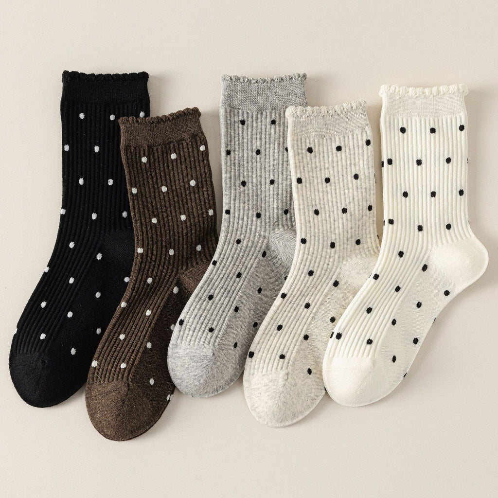 Semi Sheer Dotted Ribbed Crew Socks - Coffee