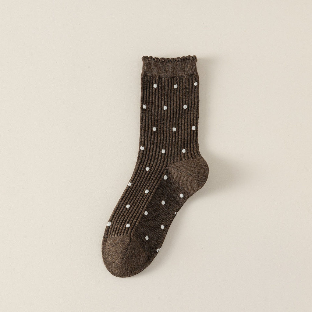 Semi Sheer Dotted Ribbed Crew Socks - Coffee - 1