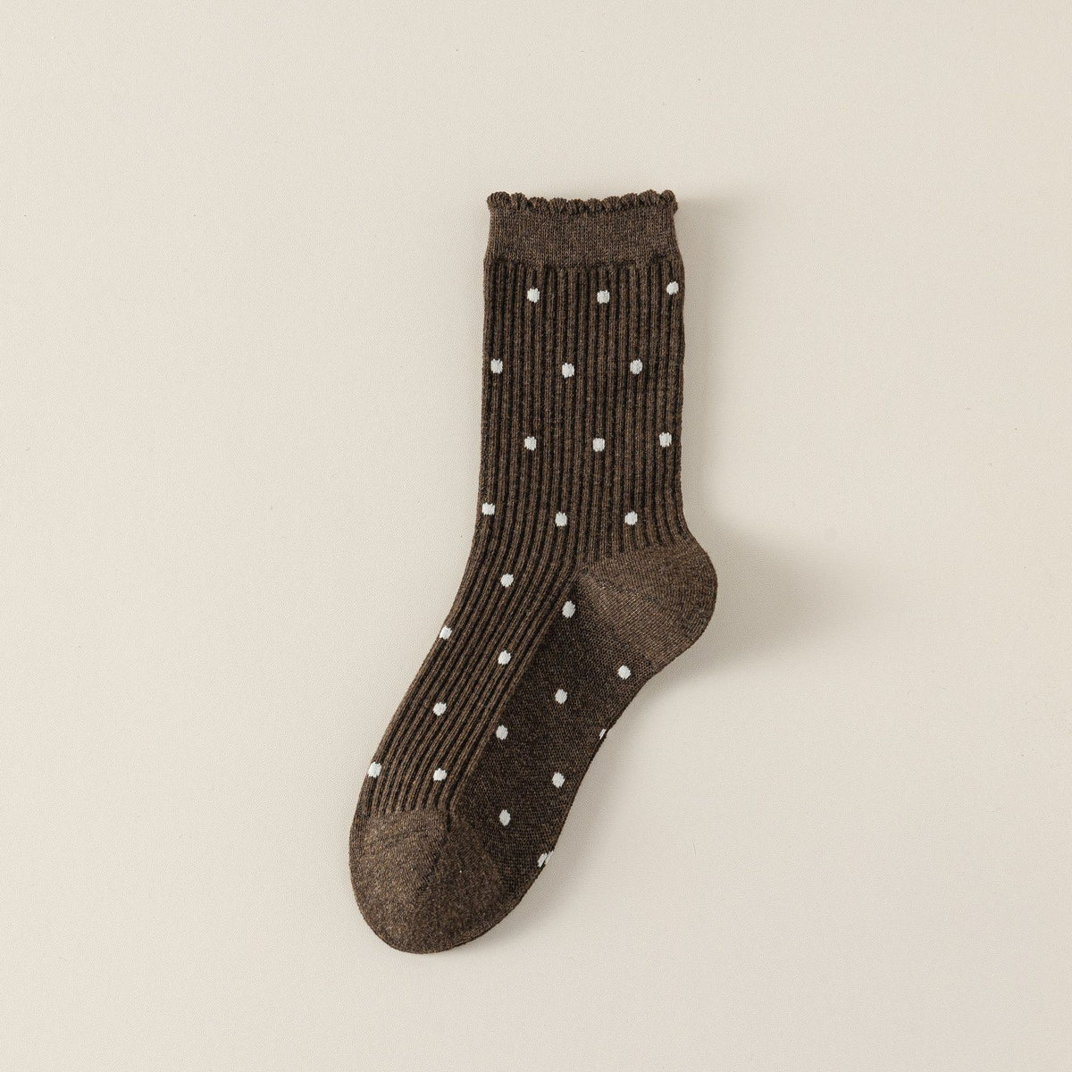 Semi Sheer Dotted Ribbed Crew Socks - Coffee - 1