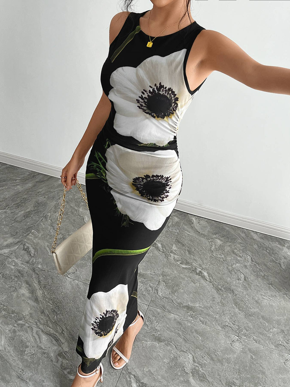 Oversized Floral Print Ruched Maxi Dress