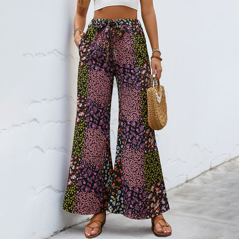 Floral Print Drawstring Wide Leg Palazzo Pants - Black