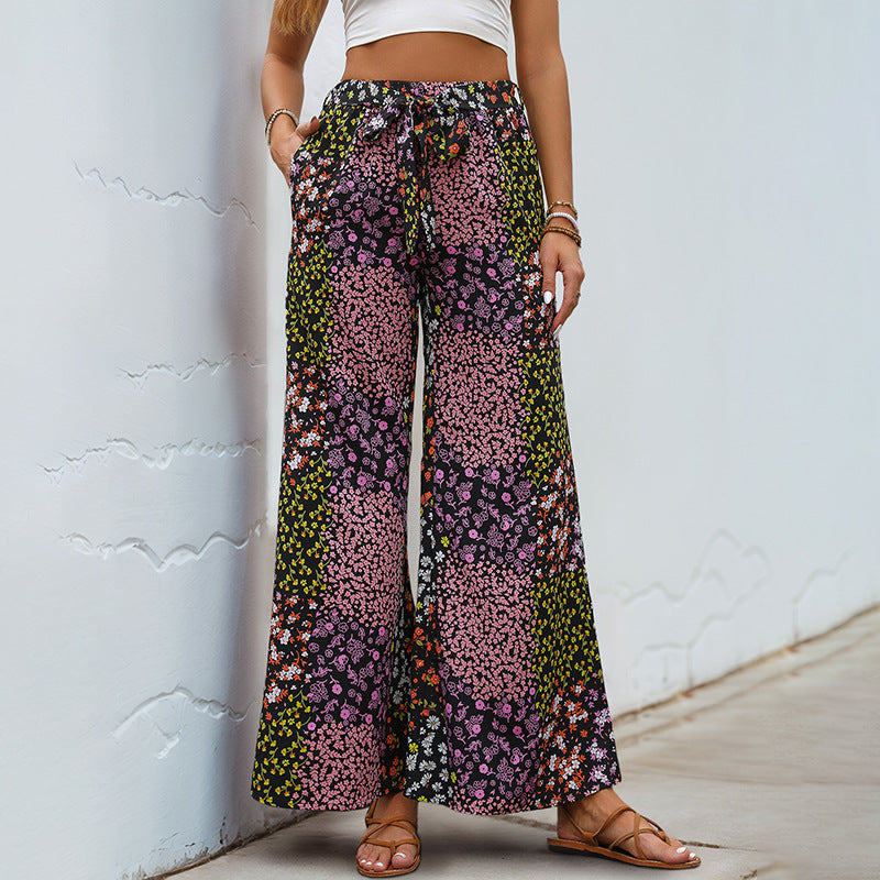 Floral Print Drawstring Wide Leg Palazzo Pants - Black - 1