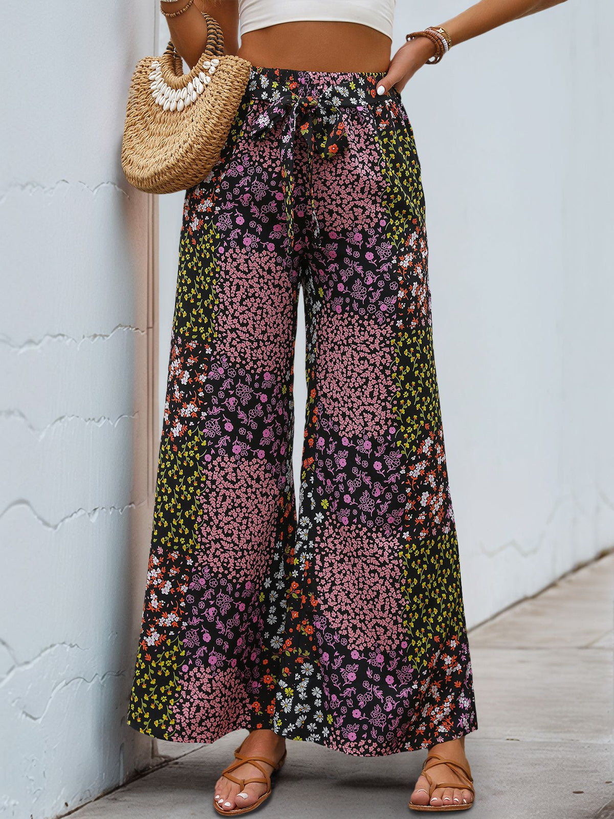 Floral Print Drawstring Wide Leg Palazzo Pants - Black - 2