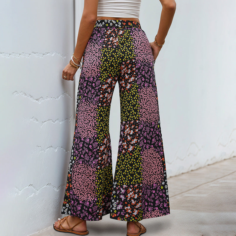 Floral Print Drawstring Wide Leg Palazzo Pants - Black - 3