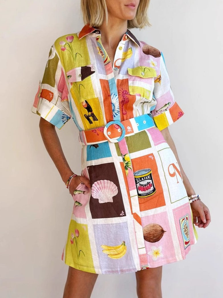 Belted Collage Print Mini Shirt Dress - Decor
