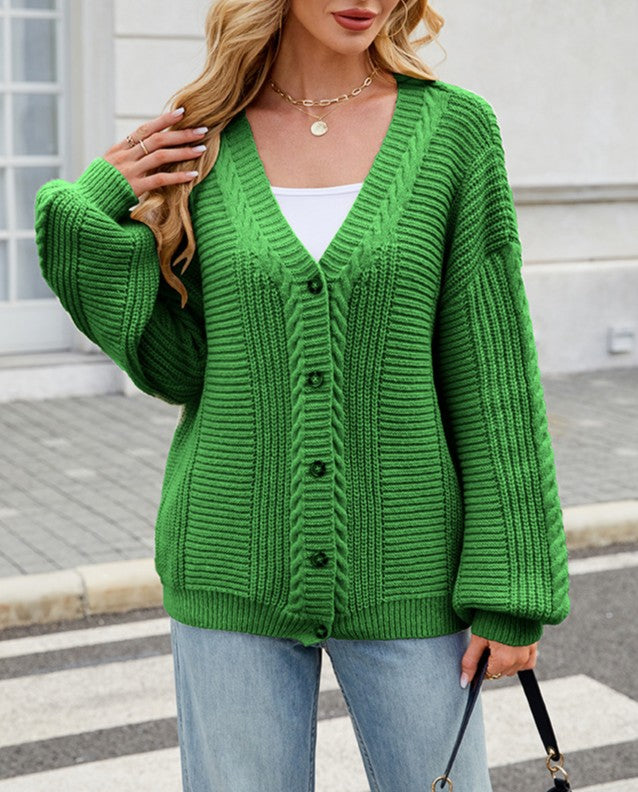 Chunky Cable Knit V-Neck Button Cardigan - Green