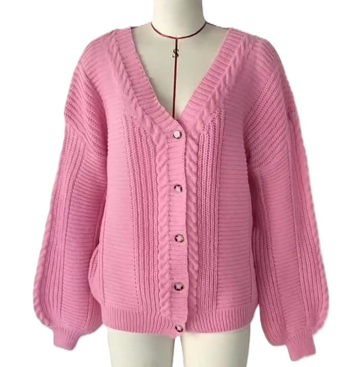 Chunky Cable Knit V-Neck Button Cardigan - Pink