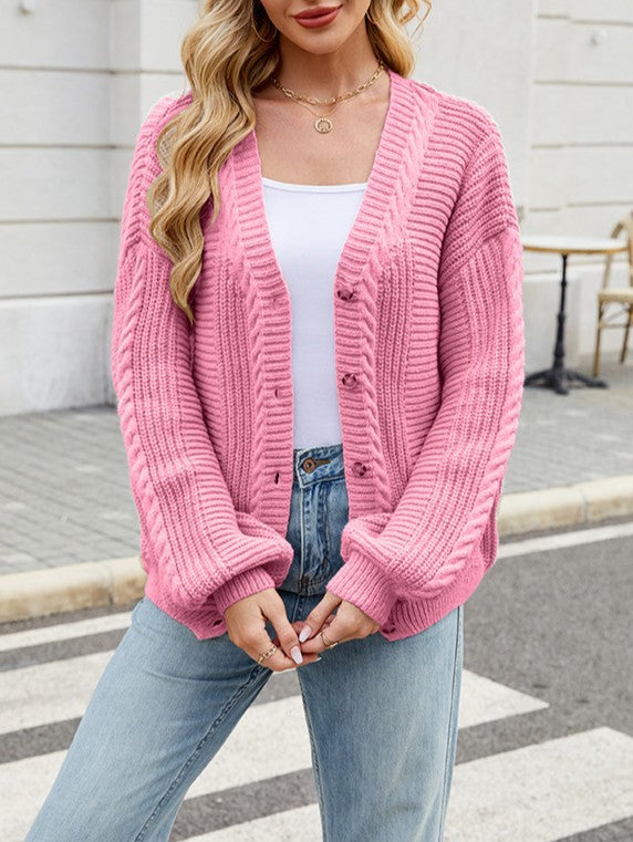 Chunky Cable Knit V-Neck Button Cardigan - Pink - 1