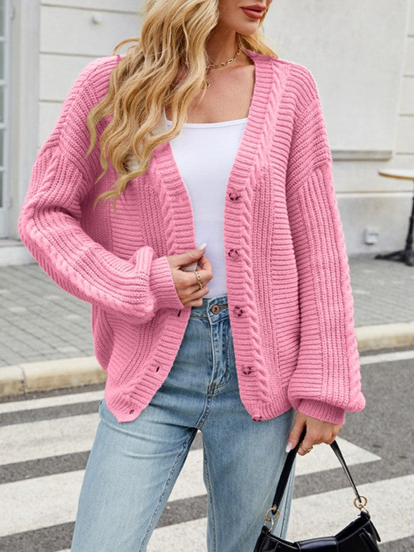 Chunky Cable Knit V-Neck Button Cardigan