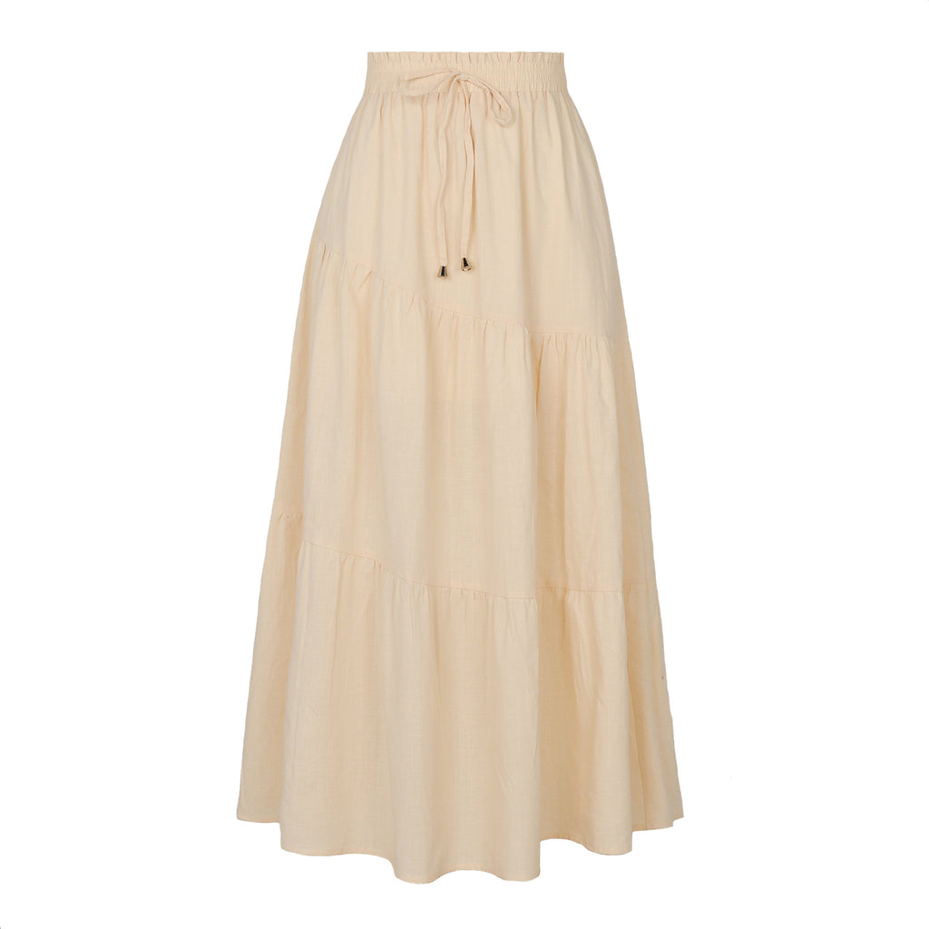 Tiered Cotton Drawstring Maxi Skirt - Beige