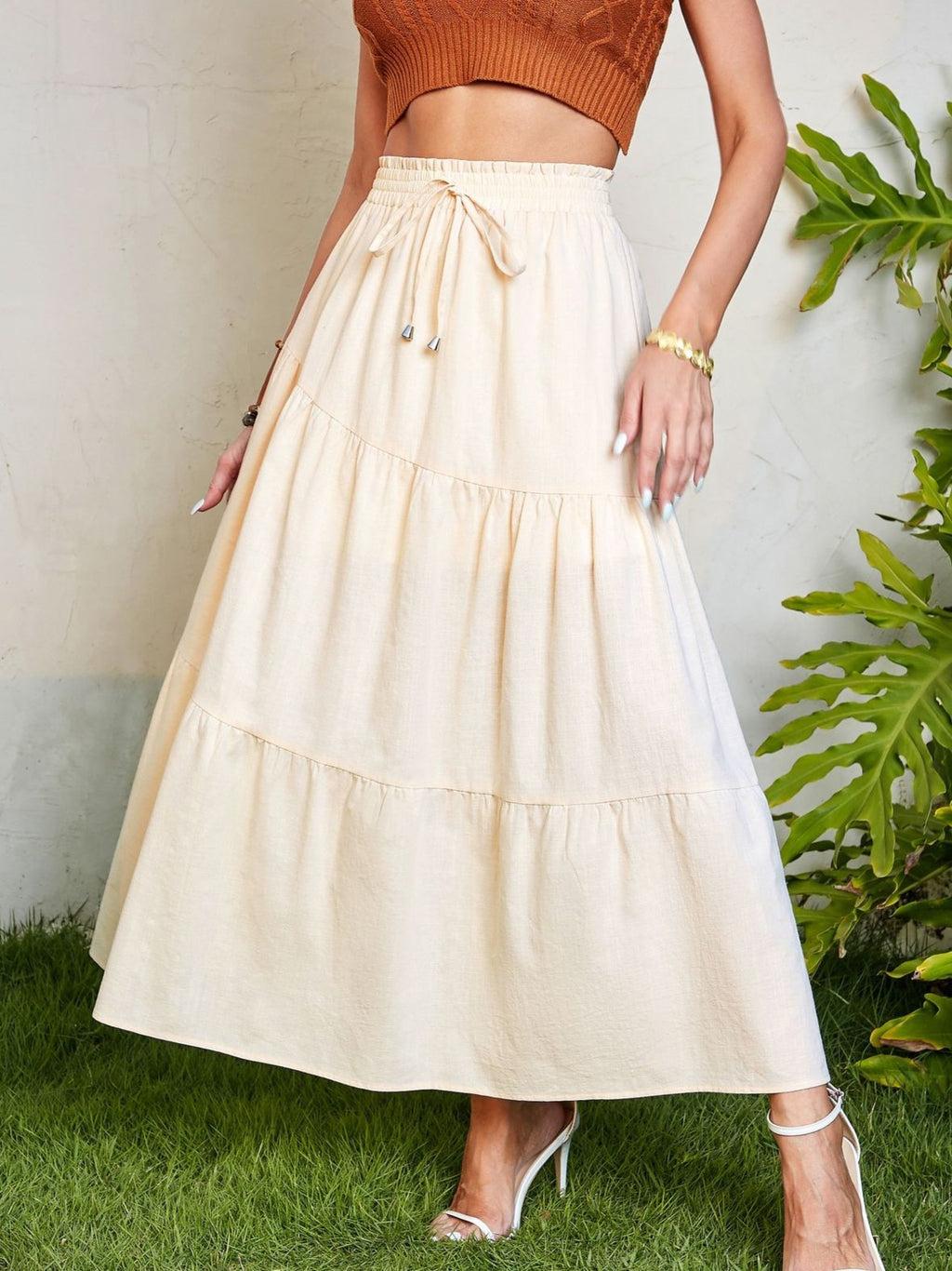 Tiered Cotton Drawstring Maxi Skirt - Beige - 1