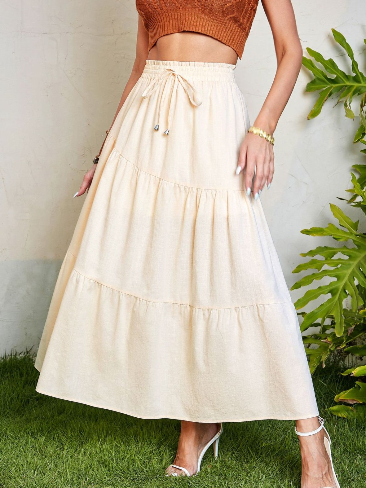 Tiered Cotton Drawstring Maxi Skirt - Beige - 1