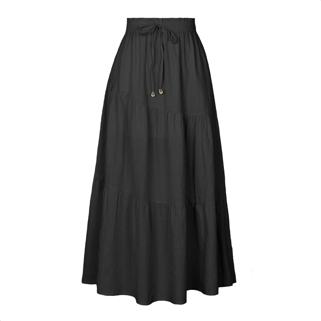 Tiered Cotton Drawstring Maxi Skirt - Black