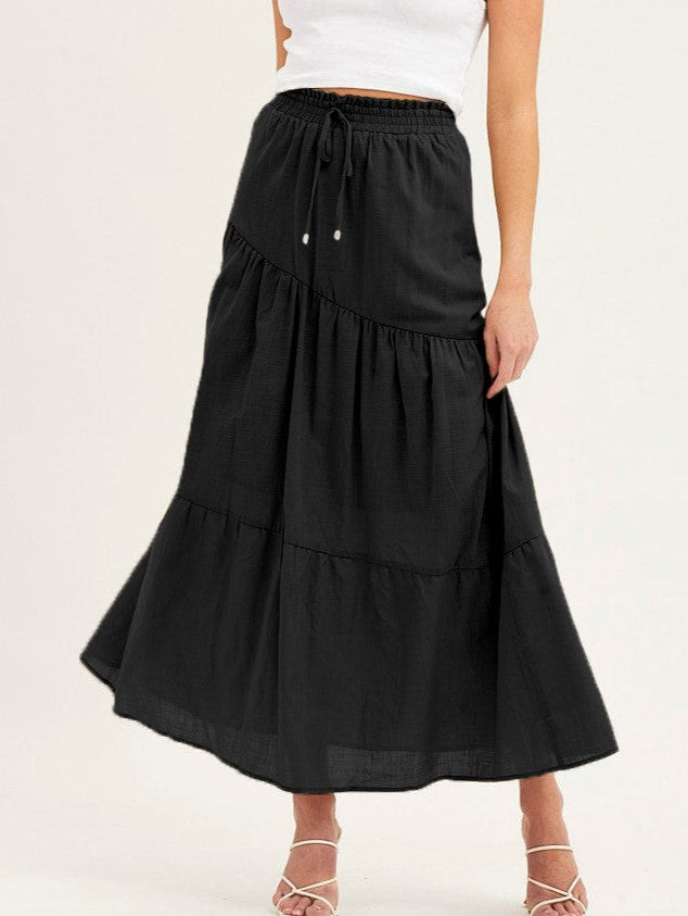 Tiered Cotton Drawstring Maxi Skirt - Black - 1