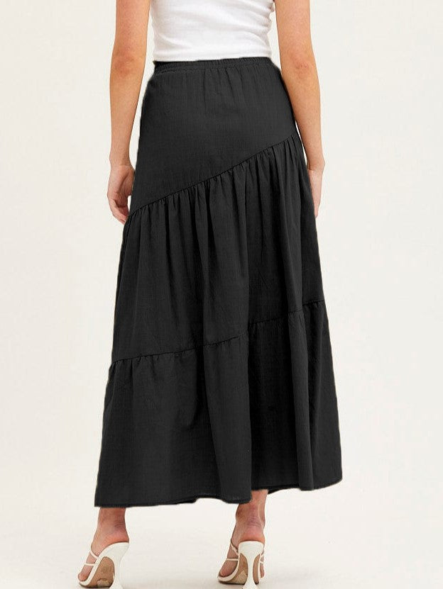Tiered Cotton Drawstring Maxi Skirt - Black - 2