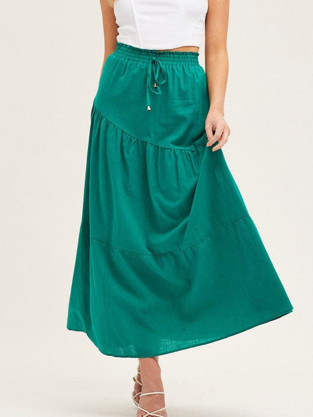 Tiered Cotton Drawstring Maxi Skirt - Green - 1