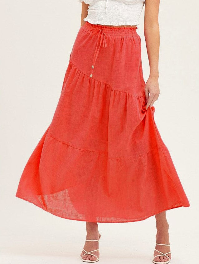 Tiered Cotton Drawstring Maxi Skirt - Red