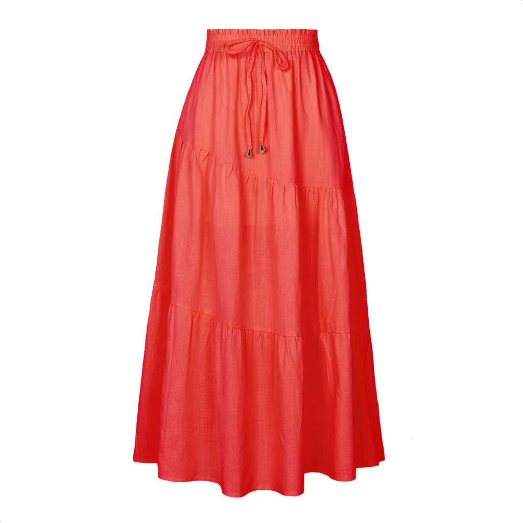 Tiered Cotton Drawstring Maxi Skirt - Red - 1