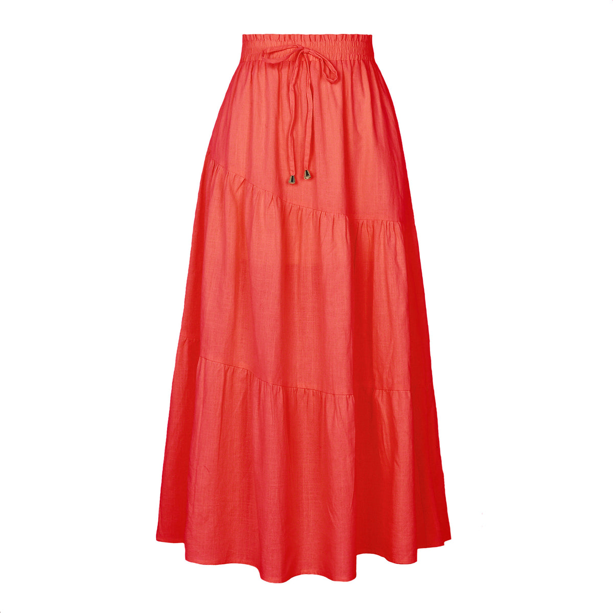 Tiered Cotton Drawstring Maxi Skirt - Red - 1