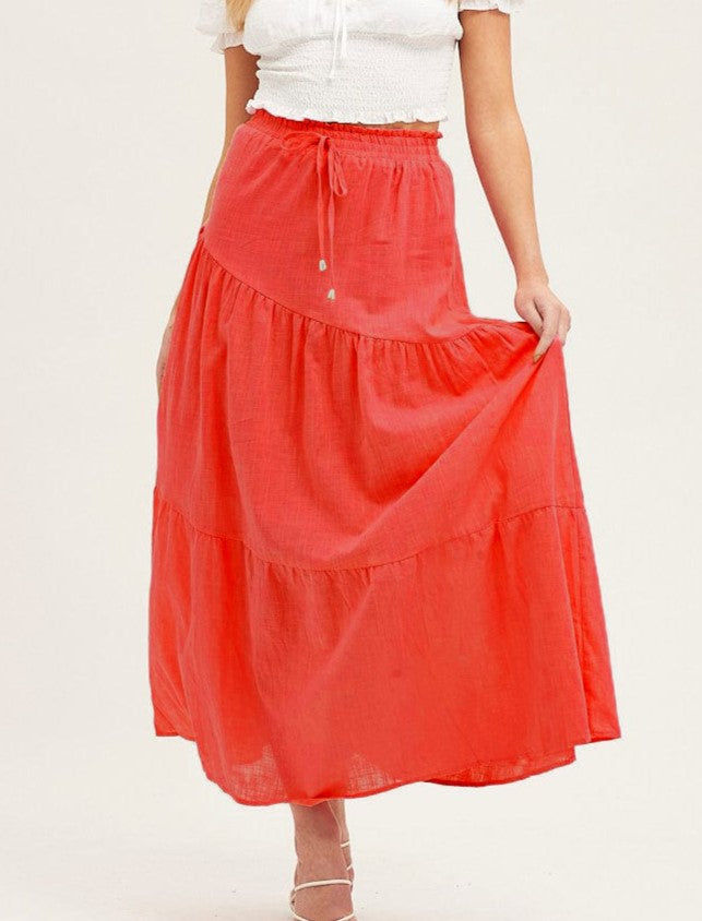 Tiered Cotton Drawstring Maxi Skirt - Red - 2