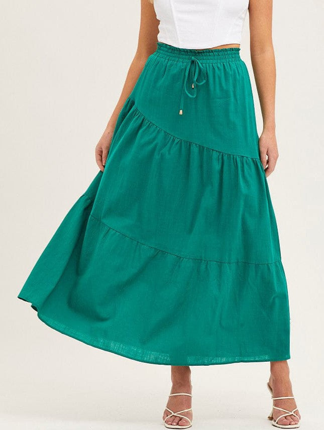 Tiered Cotton Drawstring Maxi Skirt