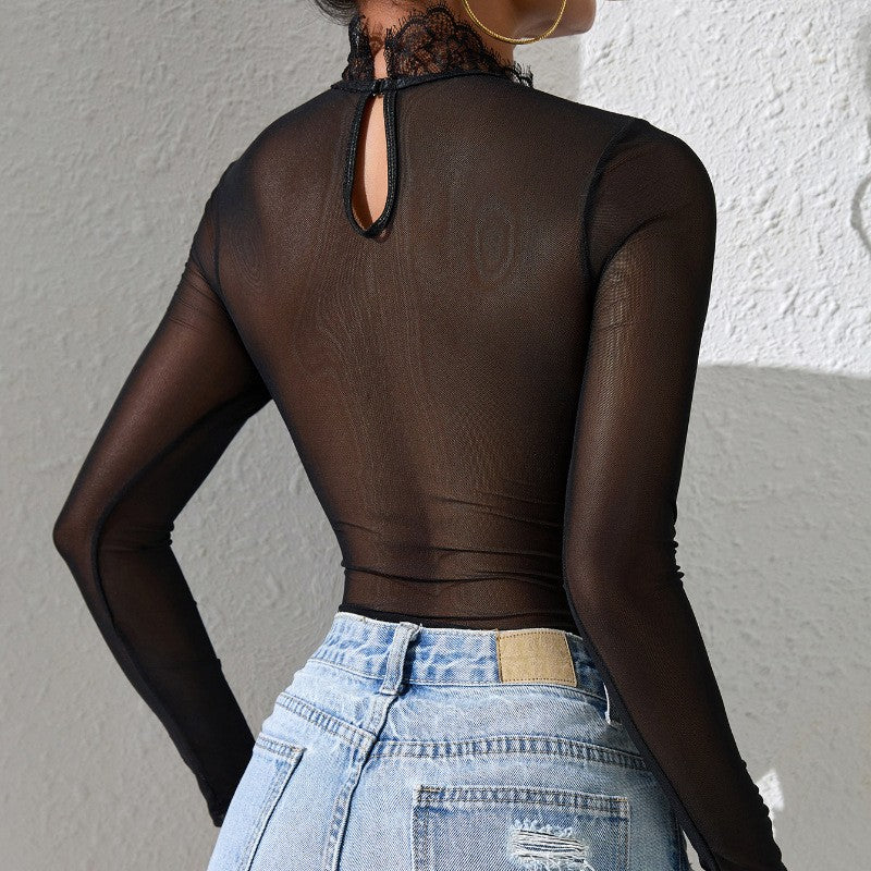 Lace Mock Neck Long Sleeve Underwire Strappy Bodysuit