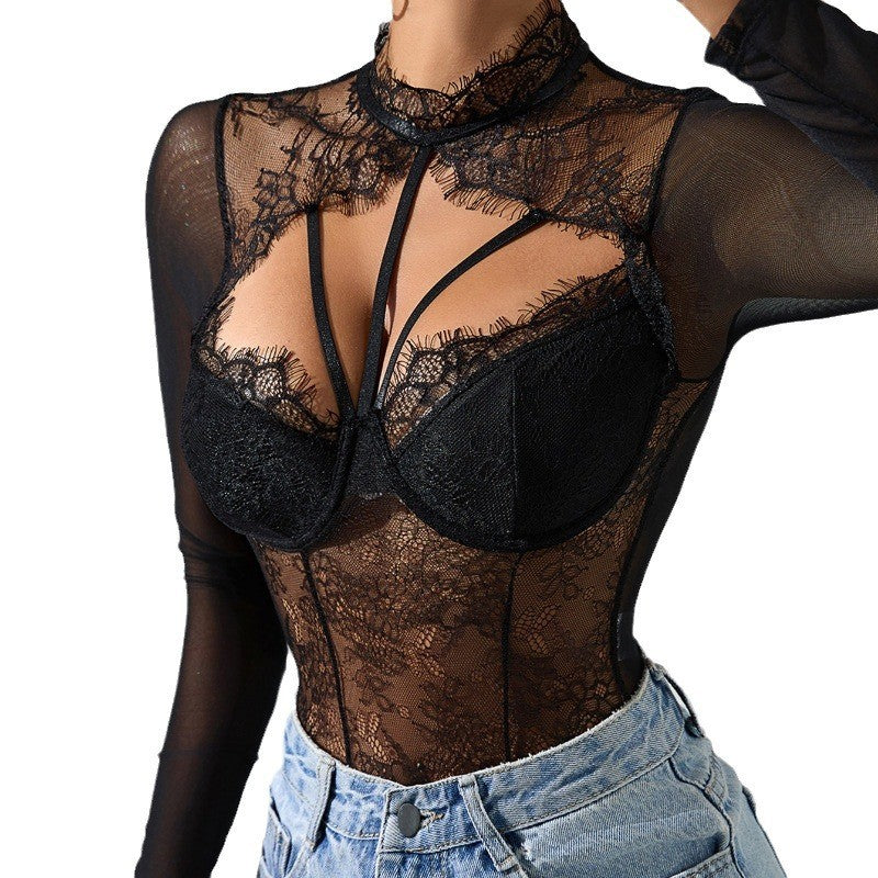 Lace Mock Neck Long Sleeve Underwire Strappy Bodysuit