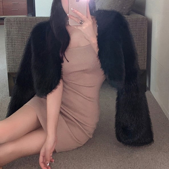 Cropped Faux Fur Shrug Jacket - Black