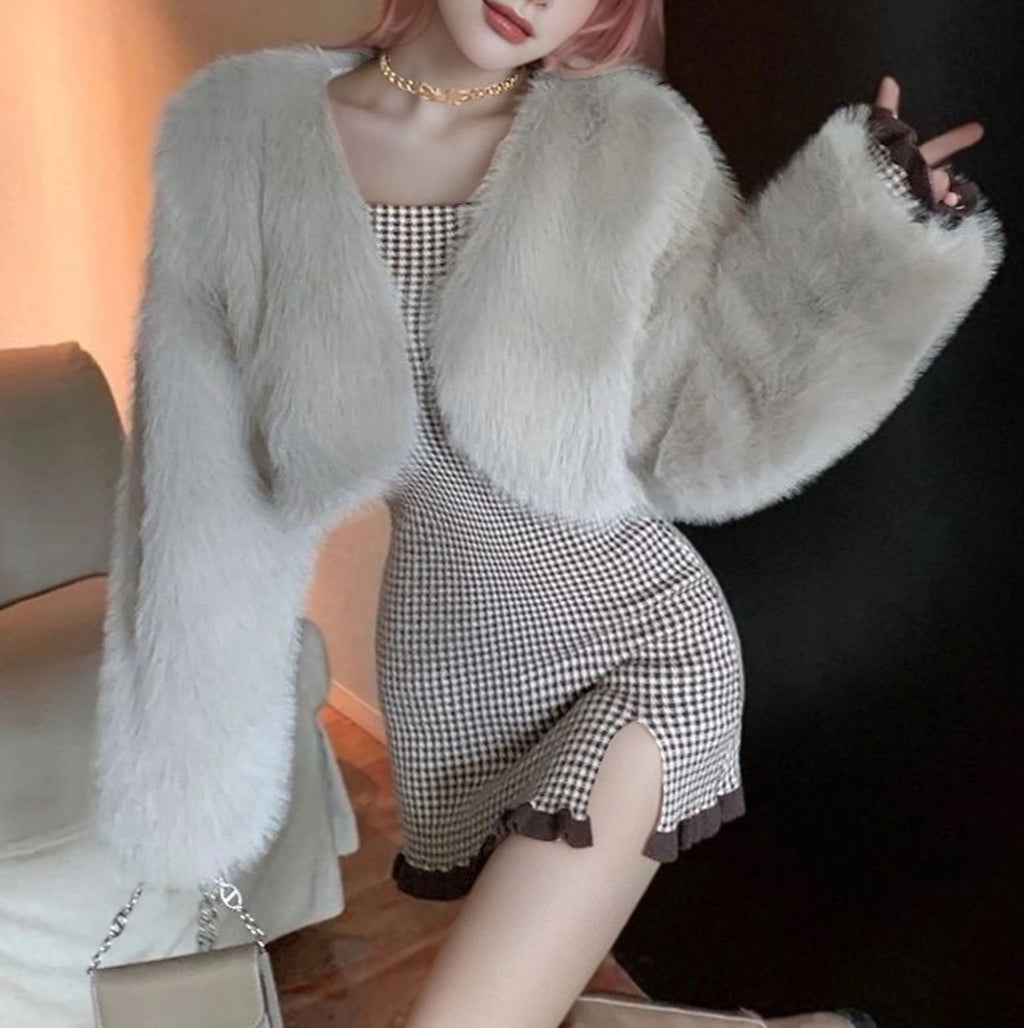 Cropped Faux Fur Shrug Jacket - Grey