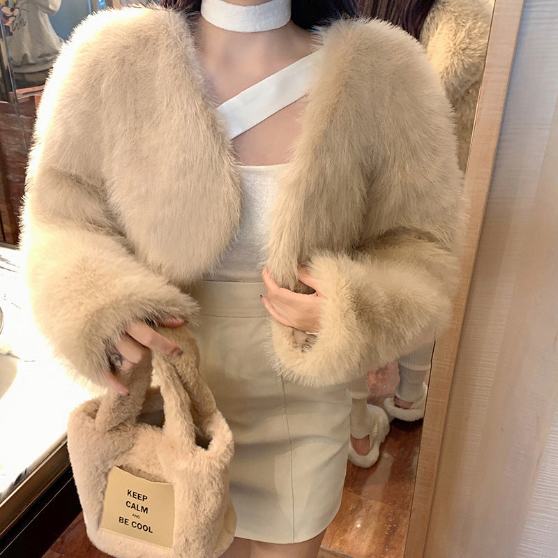 Cropped Faux Fur Shrug Jacket - Khaki