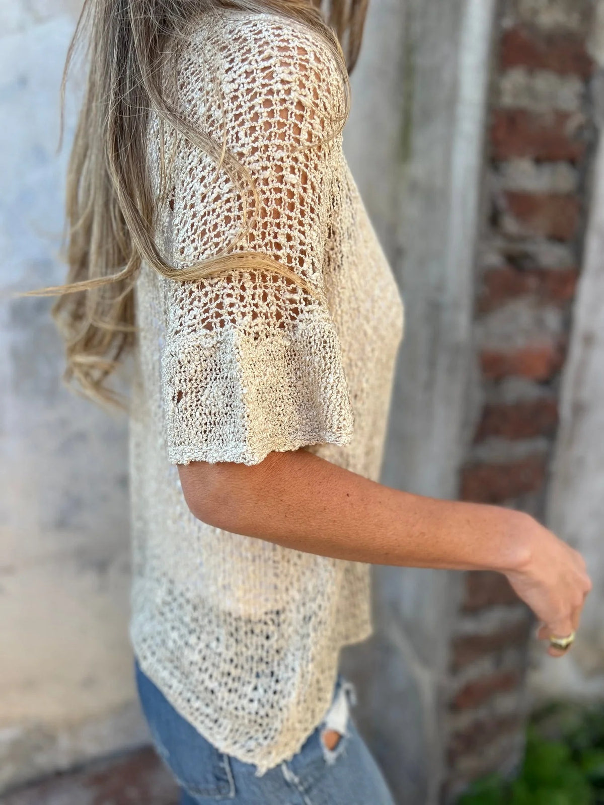 Sheer Open Knit Button Front Blouse - Beige - 2