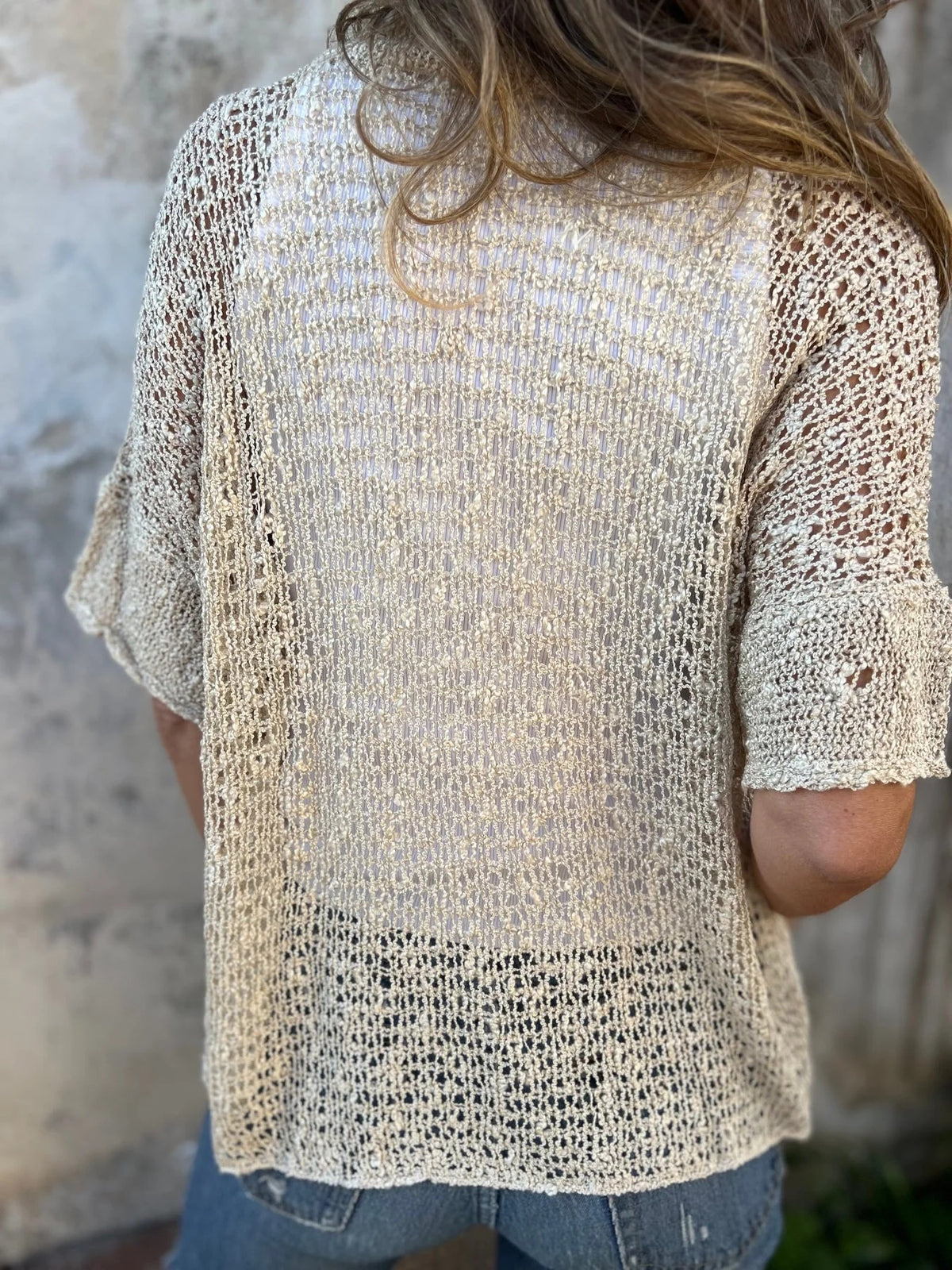 Sheer Open Knit Button Front Blouse - Beige - 3