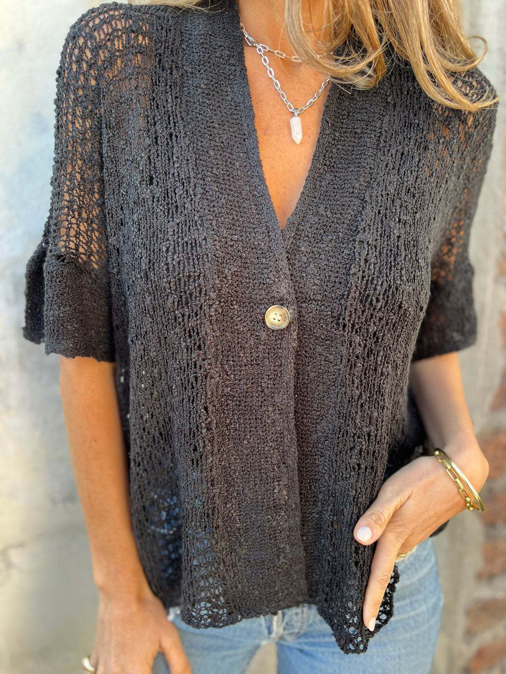 Sheer Open Knit Button Front Blouse - black