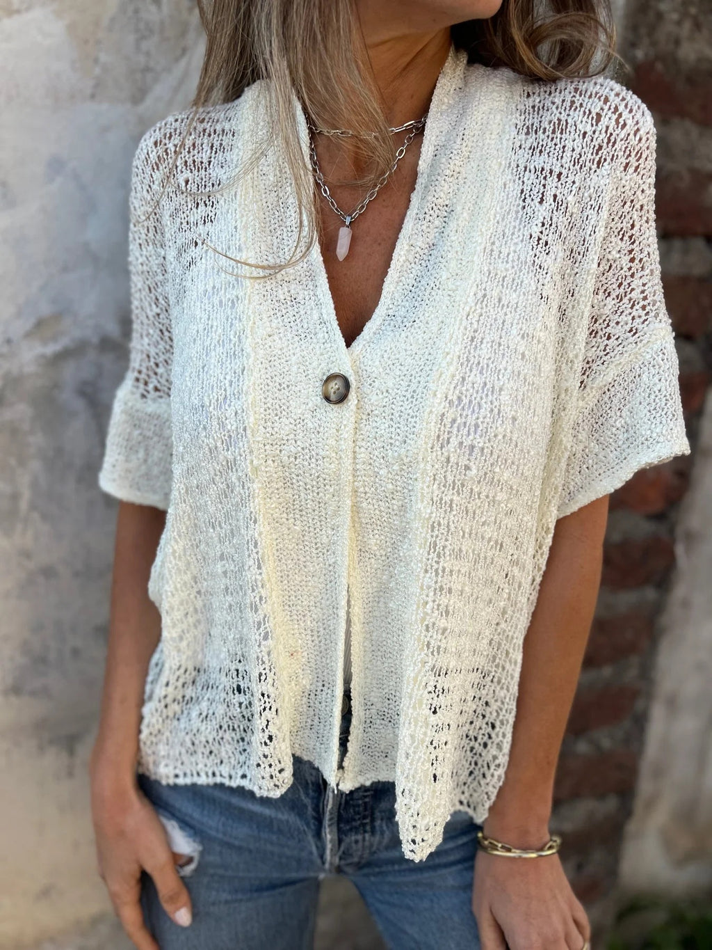 Sheer Open Knit Button Front Blouse - white