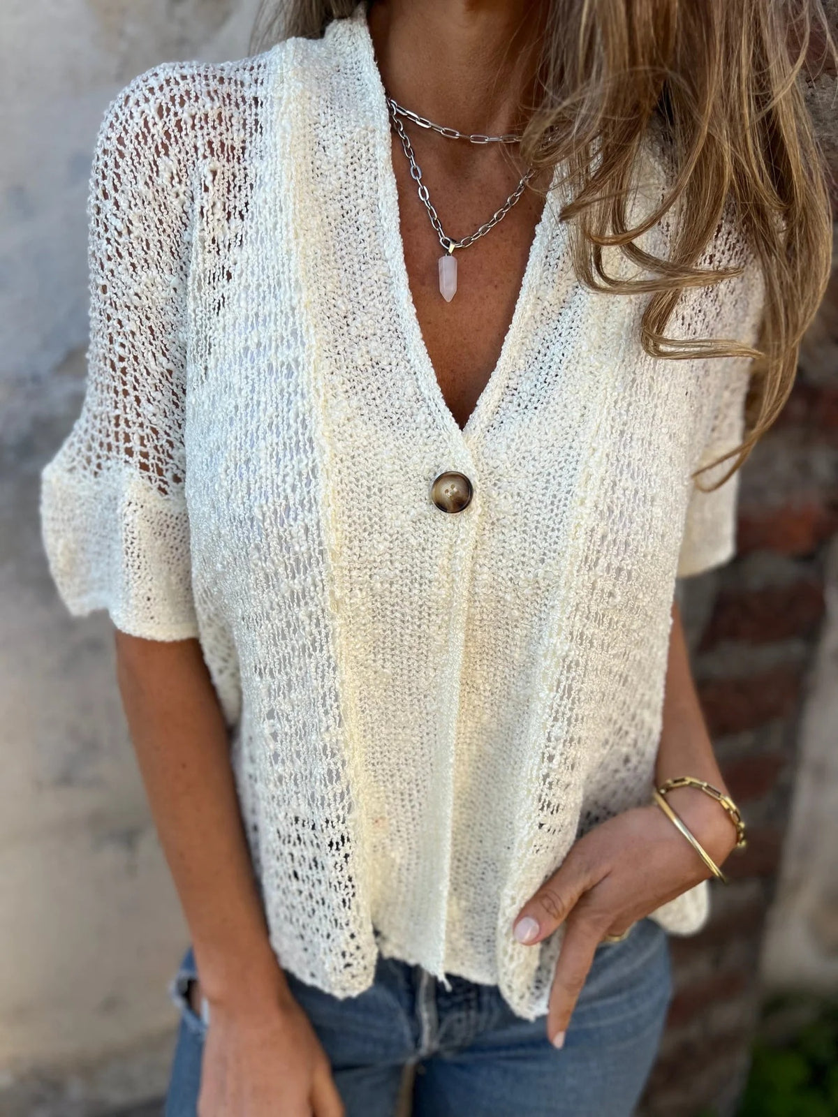 Sheer Open Knit Button Front Blouse - white - 3