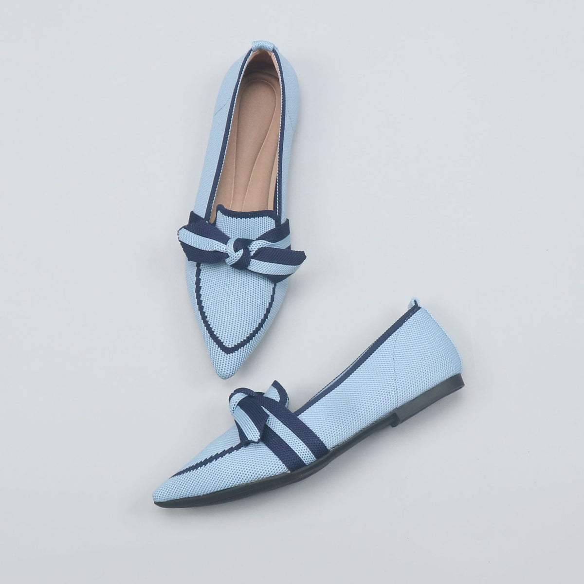 Pointed Toe Knit Flats with Knotted Bow - Sky Blue