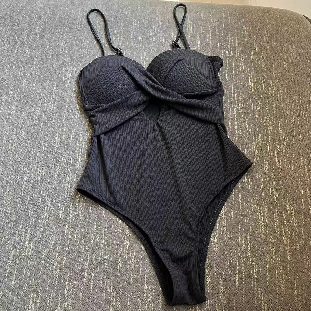 Ribbed Twist Front Keyhole Swimsuit - Black - 1