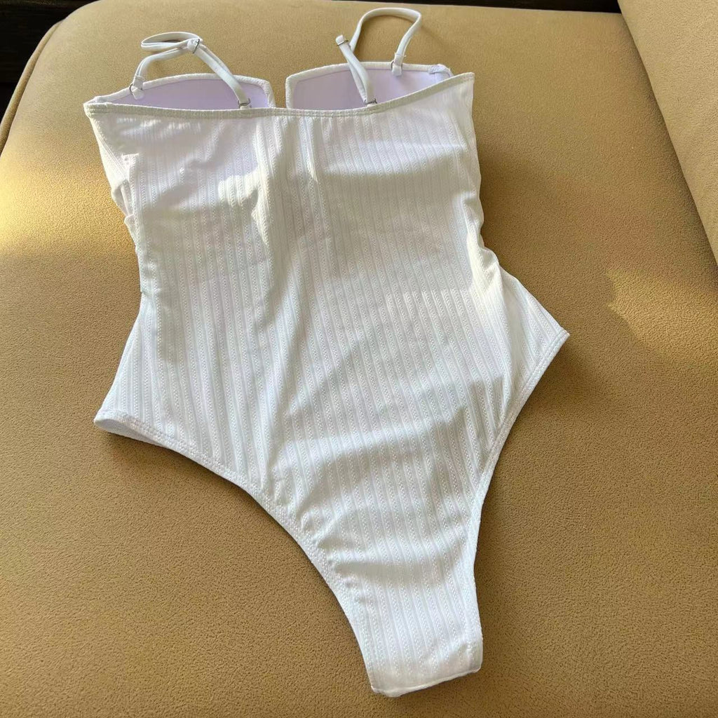 Ribbed Twist Front Keyhole Swimsuit - White - 2