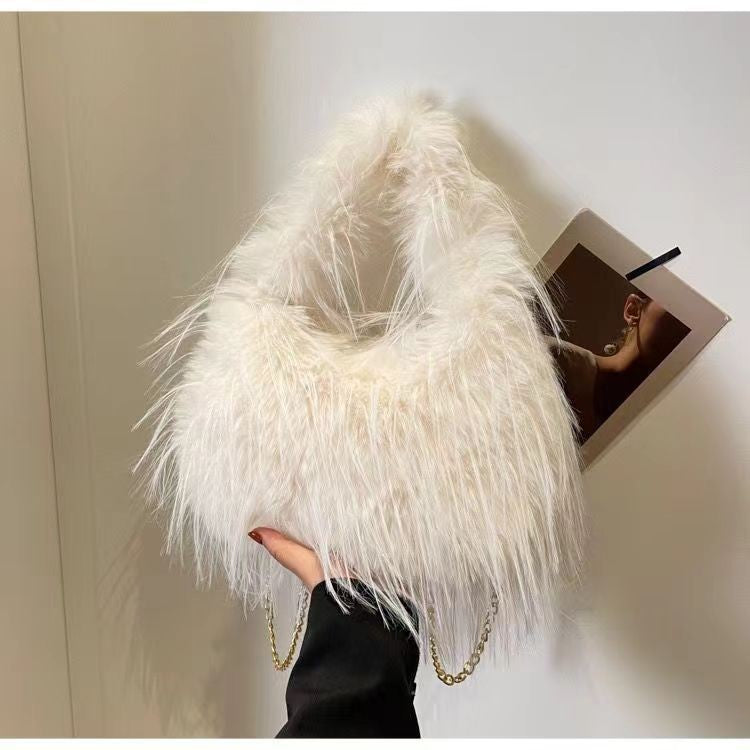 Shaggy Faux Fur Hobo Bag with Chain Strap - Ivory
