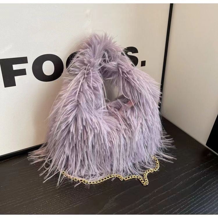 Shaggy Faux Fur Hobo Bag with Chain Strap - Lavender