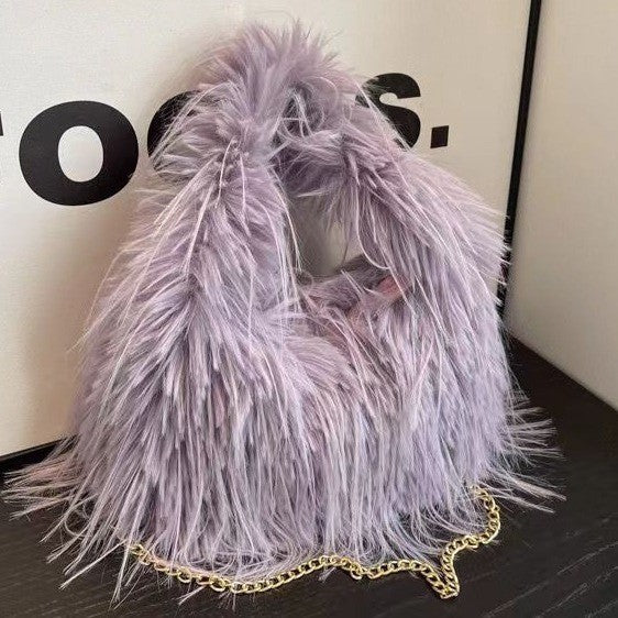 Shaggy Faux Fur Hobo Bag with Chain Strap
