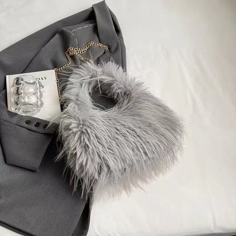 Shaggy Faux Fur Hobo Bag with Chain Strap