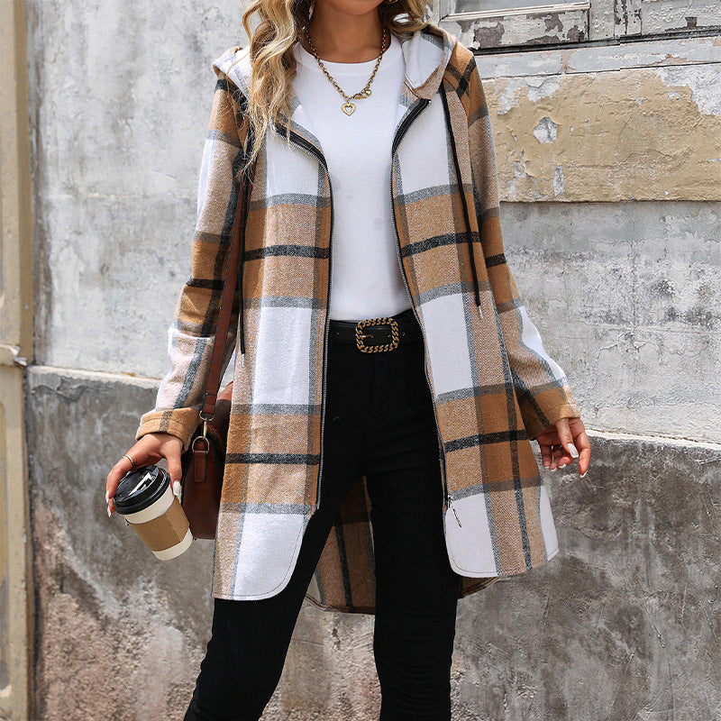 Windowpane Check Hooded Longline Jacket - Khaki