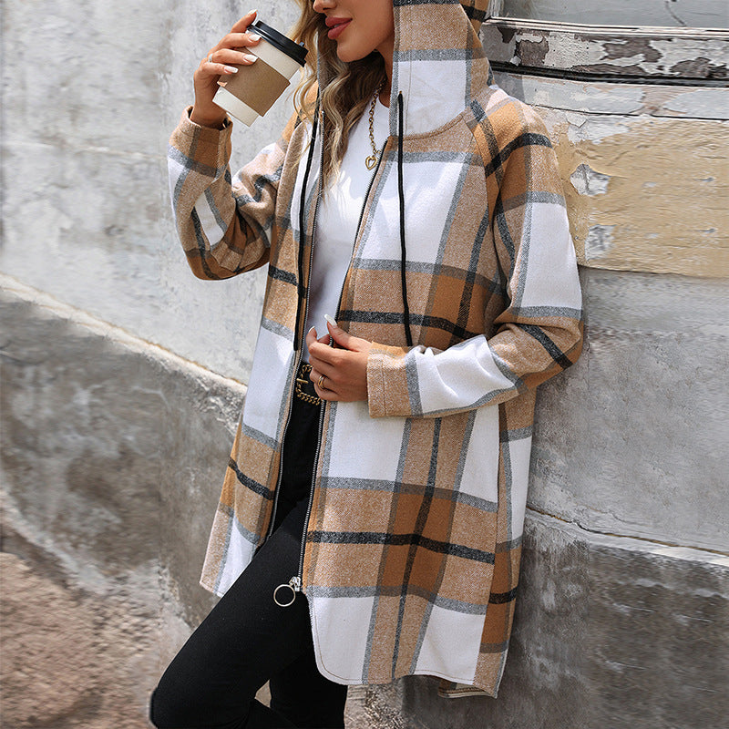 Windowpane Check Hooded Longline Jacket - Khaki - 1